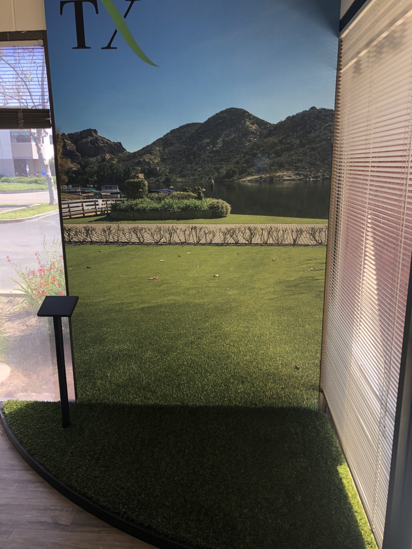 A room corner featuring a backdrop of a serene lake and hills under a clear sky. The floor is covered with green artificial grass, a small stand is placed near the backdrop, and blinds partially cover a window on the right side.